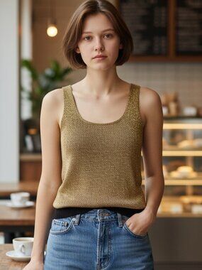 Vintage 1980s Gold Metallic Knit Tank Top NEW Old Stock with Tag Small